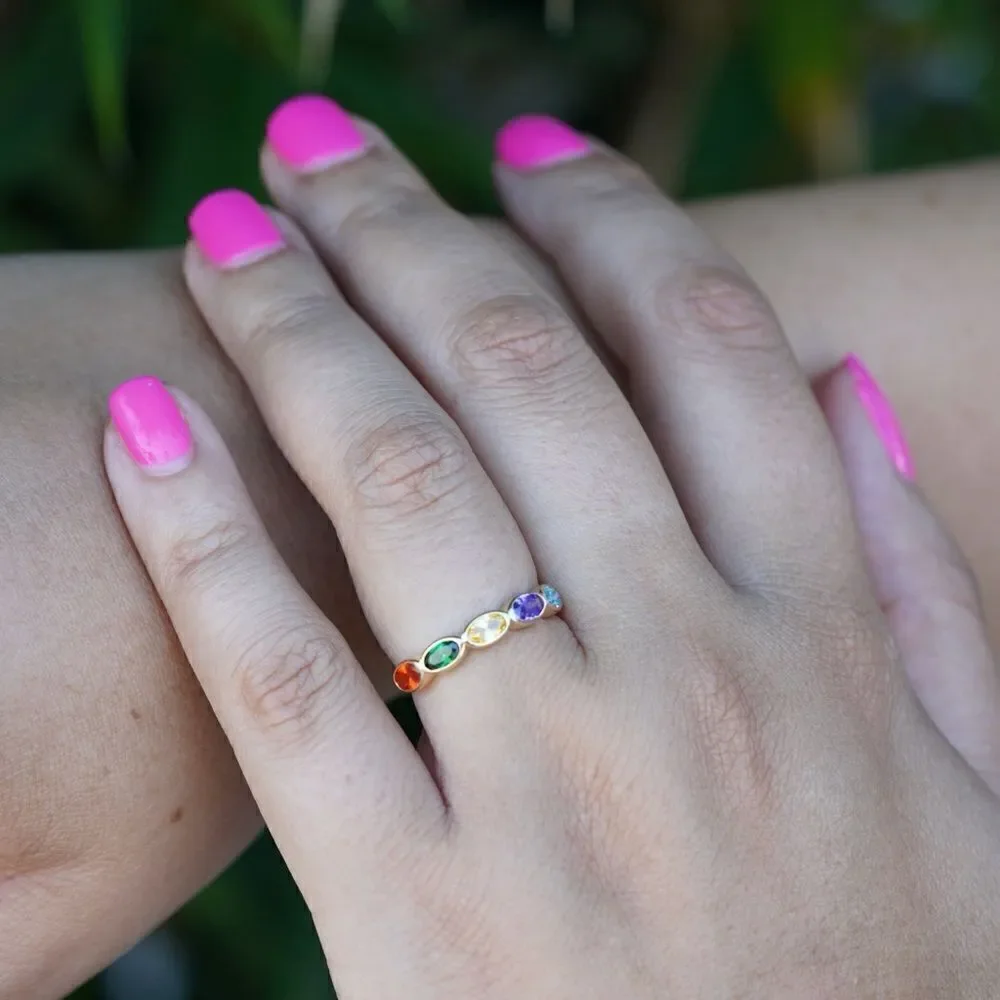 14k Solid Gold Multi-Color Stone Ring | Size 7 | Dainty Gemstone Ring |